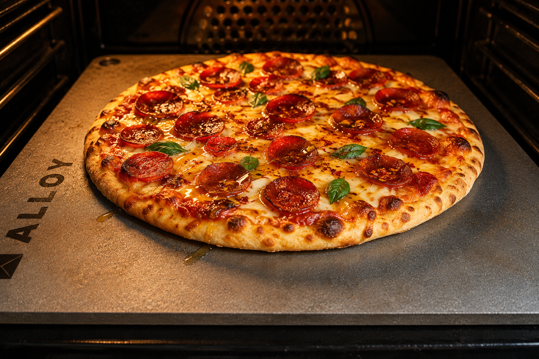 Hot honey pepperoni pizza baked on a Pizza Steel