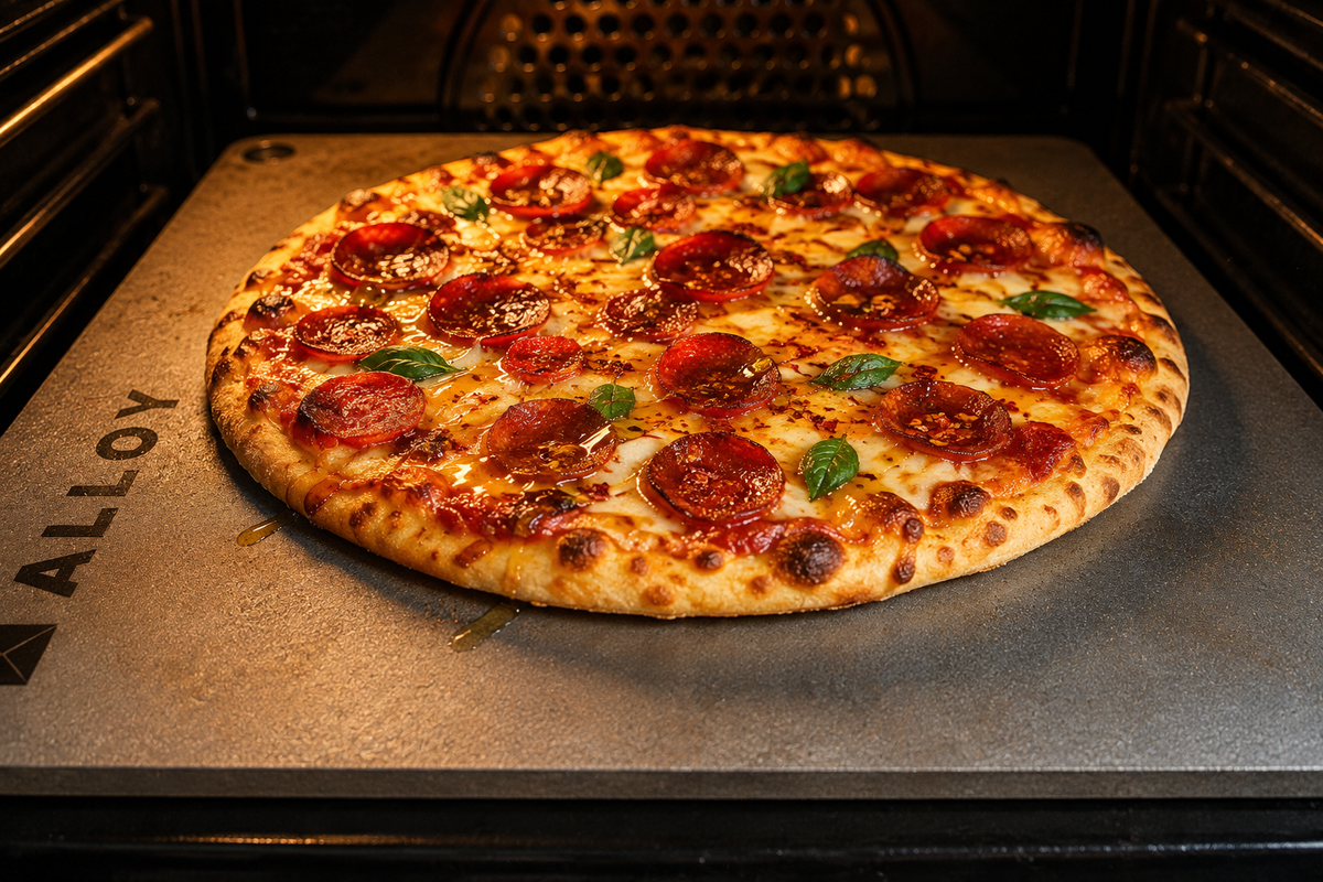 Hot honey pepperoni pizza baked on a Pizza Steel