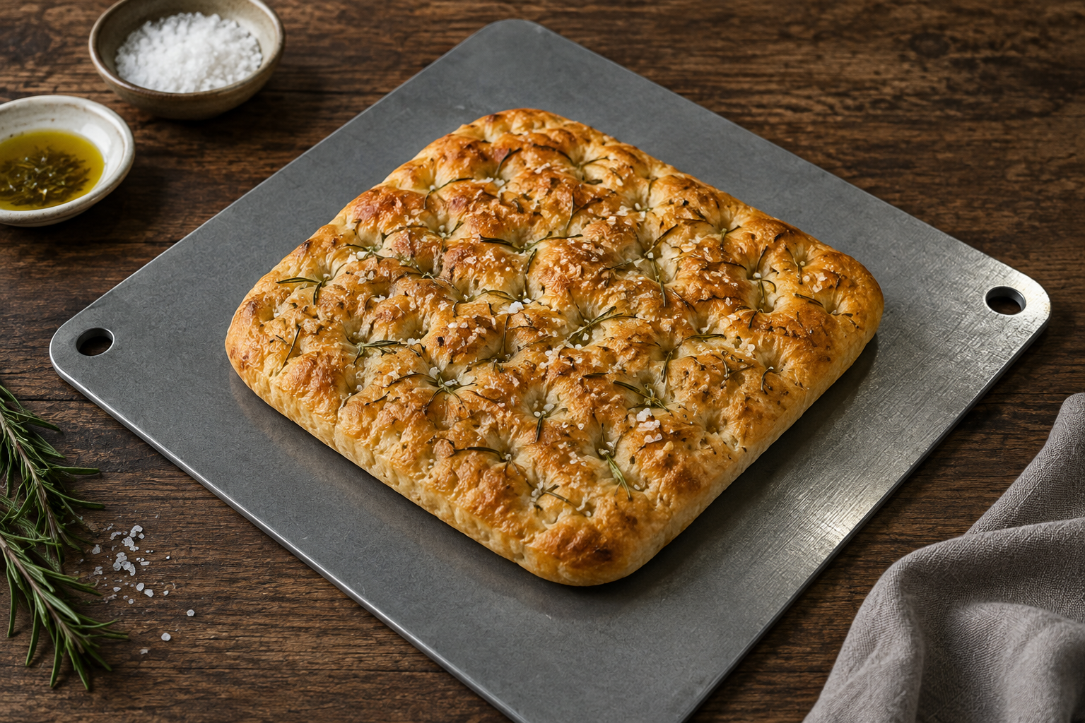 Golden rosemary and sea salt focaccia freshly baked on a square pizza steel, served with olive oil, sea salt and fresh rosemary.